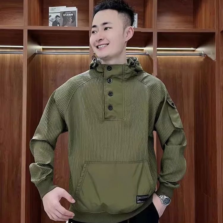 秋冬新款拼接連帽衛衣男士潮流時尚百搭寬鬆長袖上衣純色痞帥外套