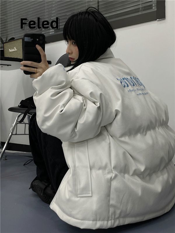 飛拉丹頓美式復古PU皮刺繡棉服男女情侶棉襖冬季立領寬鬆加厚外套