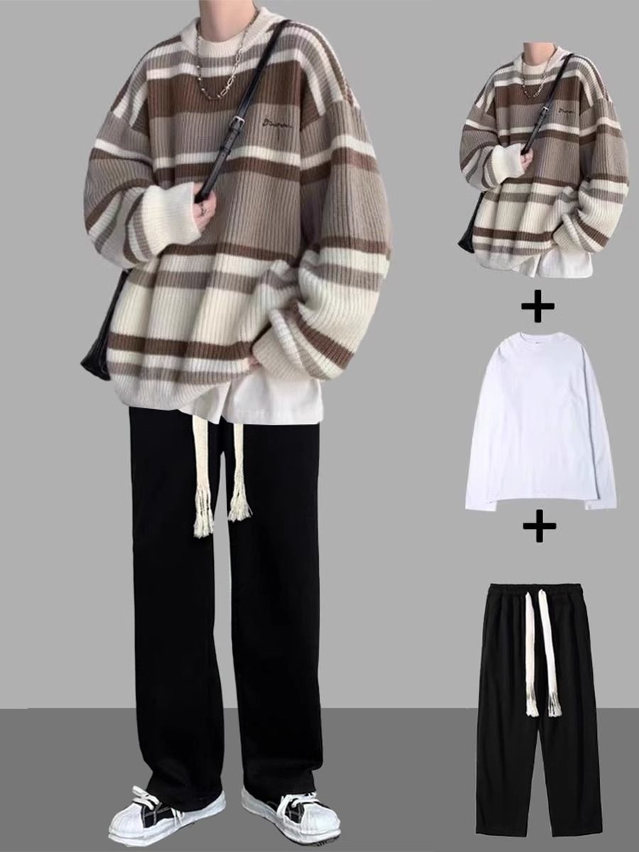 条纹毛衣套装男秋冬季外套加厚宽松搭配一套休闲男装线衣三件套