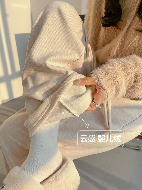 美拉德加絨糯米褲子女秋冬高腰垂感寬鬆直筒休閒軟糯小個子闊腿褲