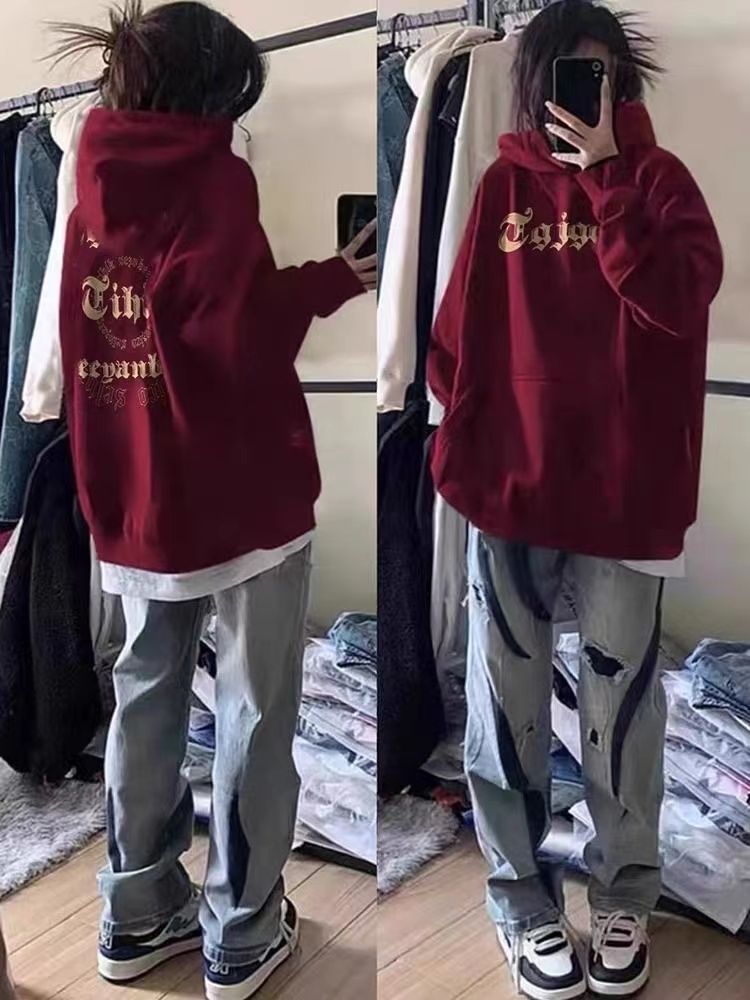 小眾酒紅色秋冬加絨加厚衛衣女設計感字母印花寬鬆bf連帽上衣外套
