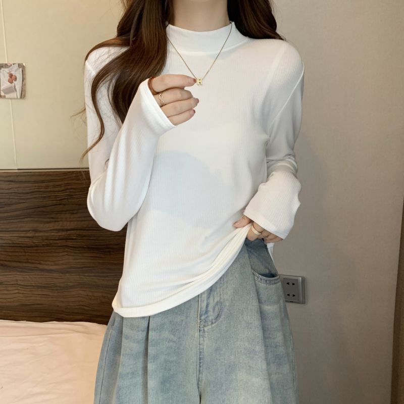 加絨加厚半高領打底衫女秋冬內搭保暖設計感小眾冬厚中領t恤上衣