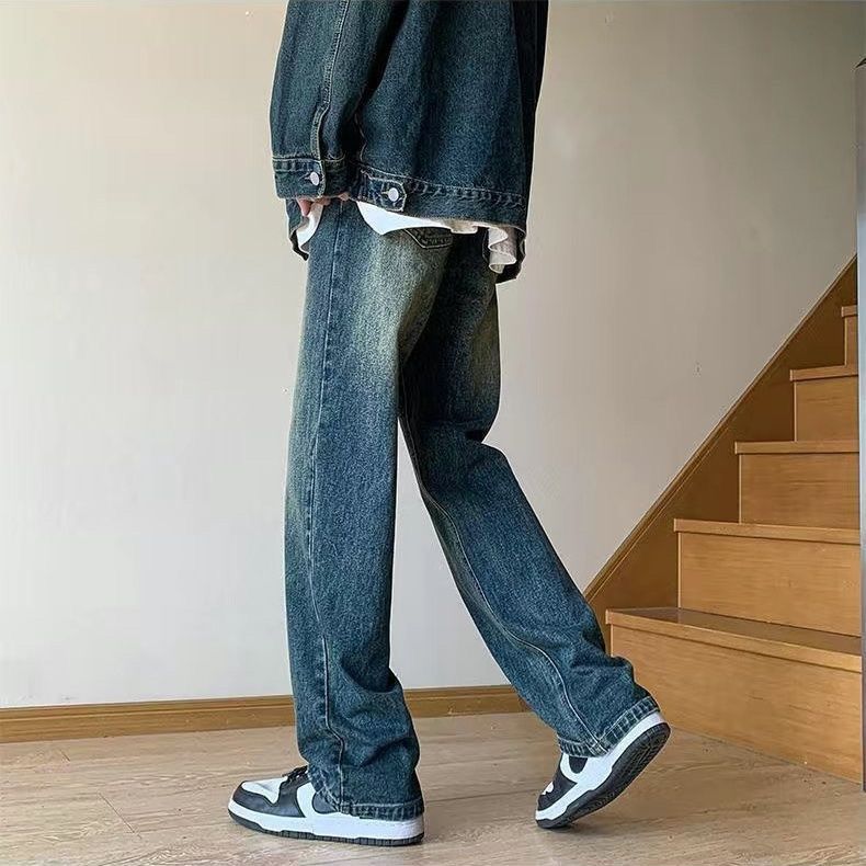 UR Official Washed Retro Blue Jeans Men's Spring and Autumn Loose Breathable Straight Trousers High Street American Fashion Brand