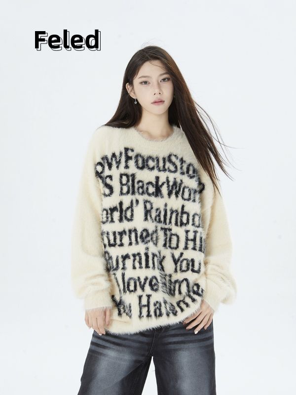 飛拉丹頓美式國潮字母提花加絨圓領情侶毛衣男女秋冬小眾針織衫