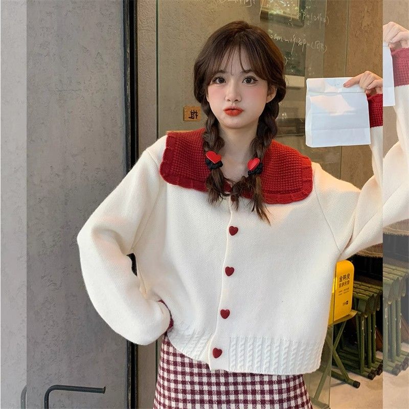 This year's popular and beautiful design contrasting color doll collar sweater autumn and winter tops women's new long-sleeved cardigan trend