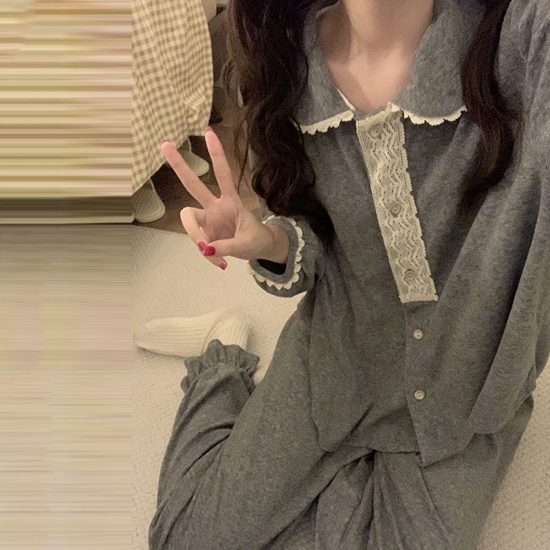 韩版ins简约娃娃领德绒保暖睡衣女秋冬季加厚德绒甜美家居服套装