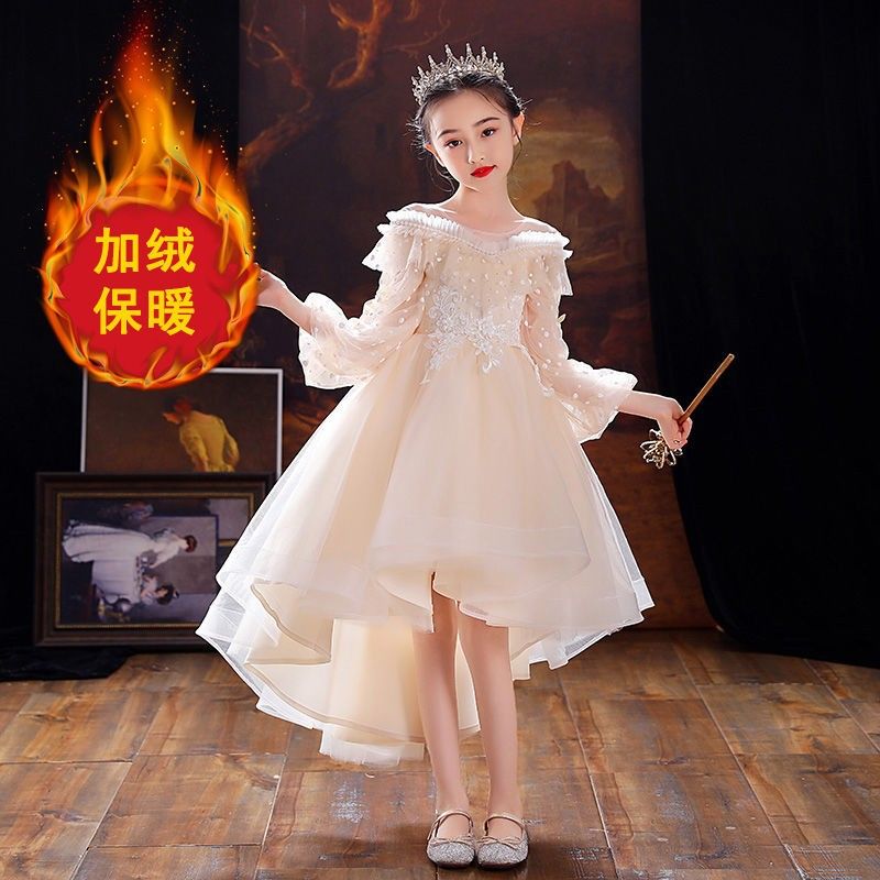 女童公主裙秋冬新款加絨生日禮服裙花童婚禮高端主持人鋼琴演出服