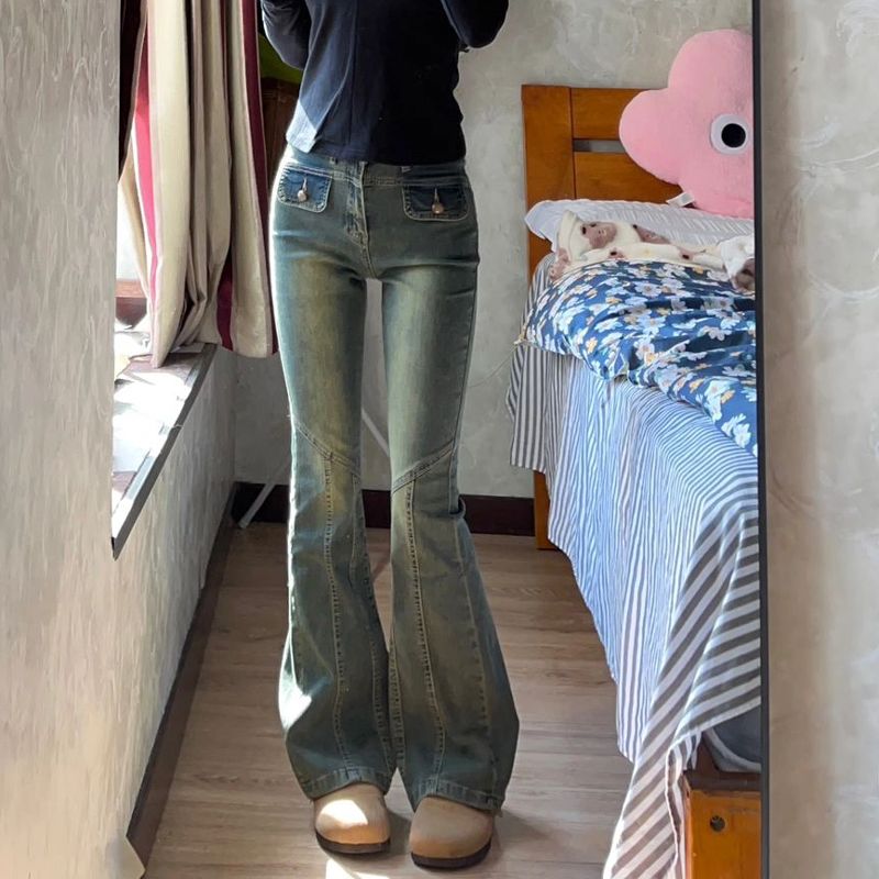 美式復古做舊拼接微喇叭牛仔褲女小個子辣妹高腰直筒顯瘦馬蹄長褲