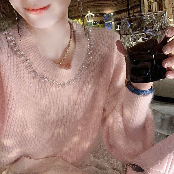XJ家韓版洋氣色減齡寬鬆釘珠女裝2023秋冬季新款時尚圓領外穿毛衣