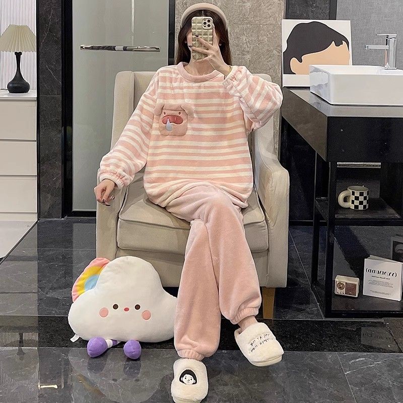 睡衣女秋冬季珊瑚絨加絨加厚款長袖鼻涕小豬法蘭絨保暖家居服套裝