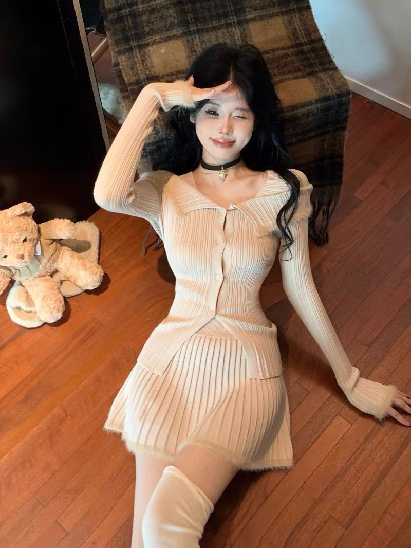 毛毛翻領長袖針織開衫上衣女秋冬季溫柔套裝百褶半身短裙子兩件套
