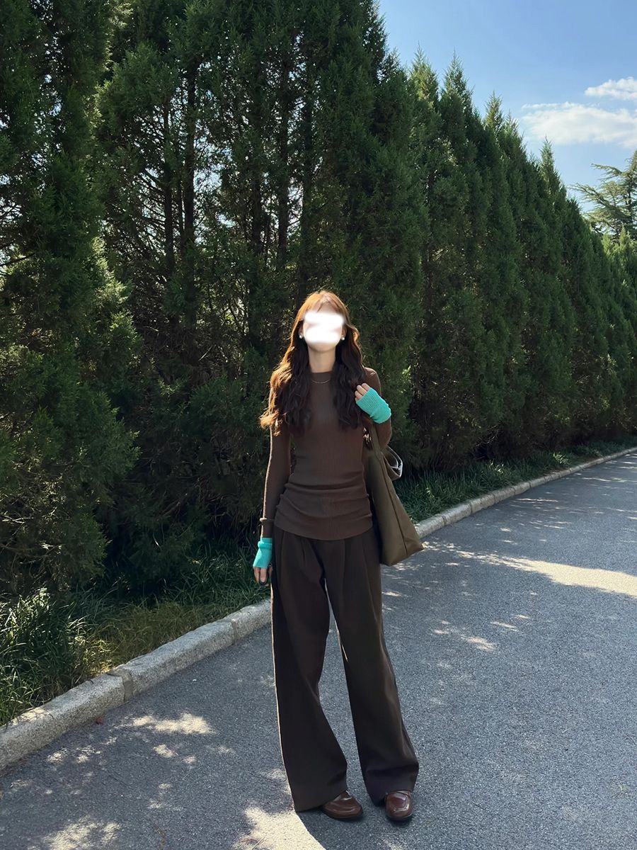 美拉德咖色拼接袖口撞色內搭打底衫女春秋秋冬修身鹽系毛衣針織衫