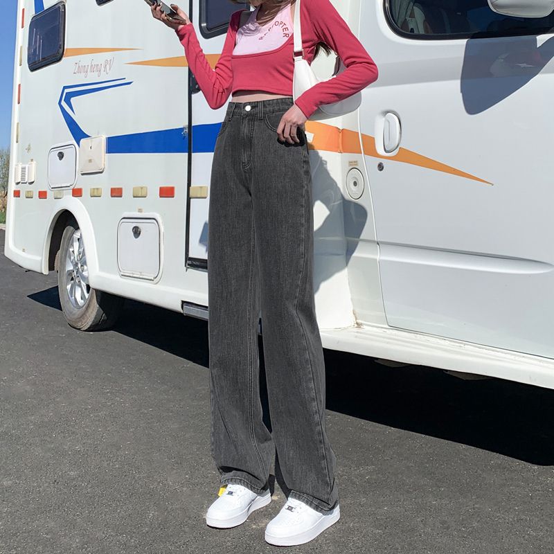 通勤百搭闊腿牛仔褲女秋冬2023年新款寬鬆高腰顯瘦直筒拖地牛仔褲