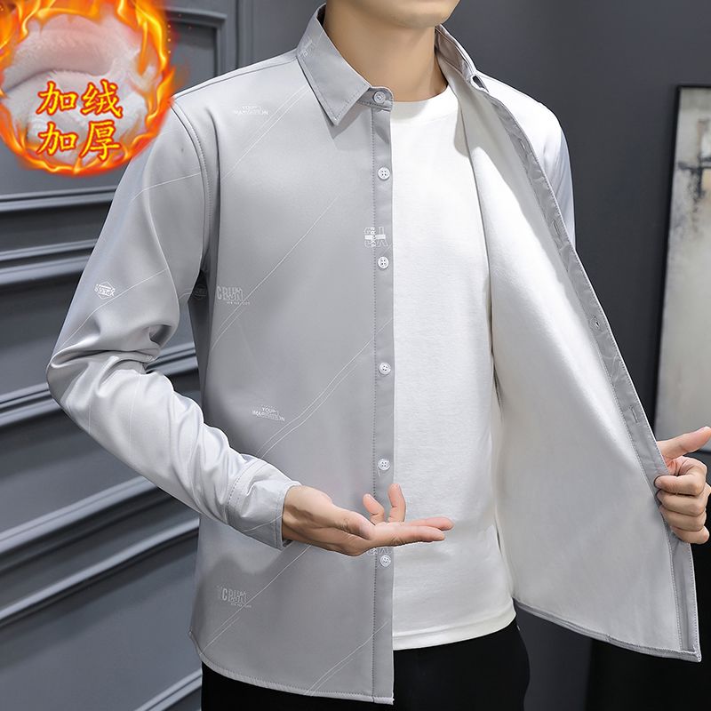 加绒保暖衬衫男冬季韩版修身印花长袖衬衣休闲高级感寸衫加厚外套