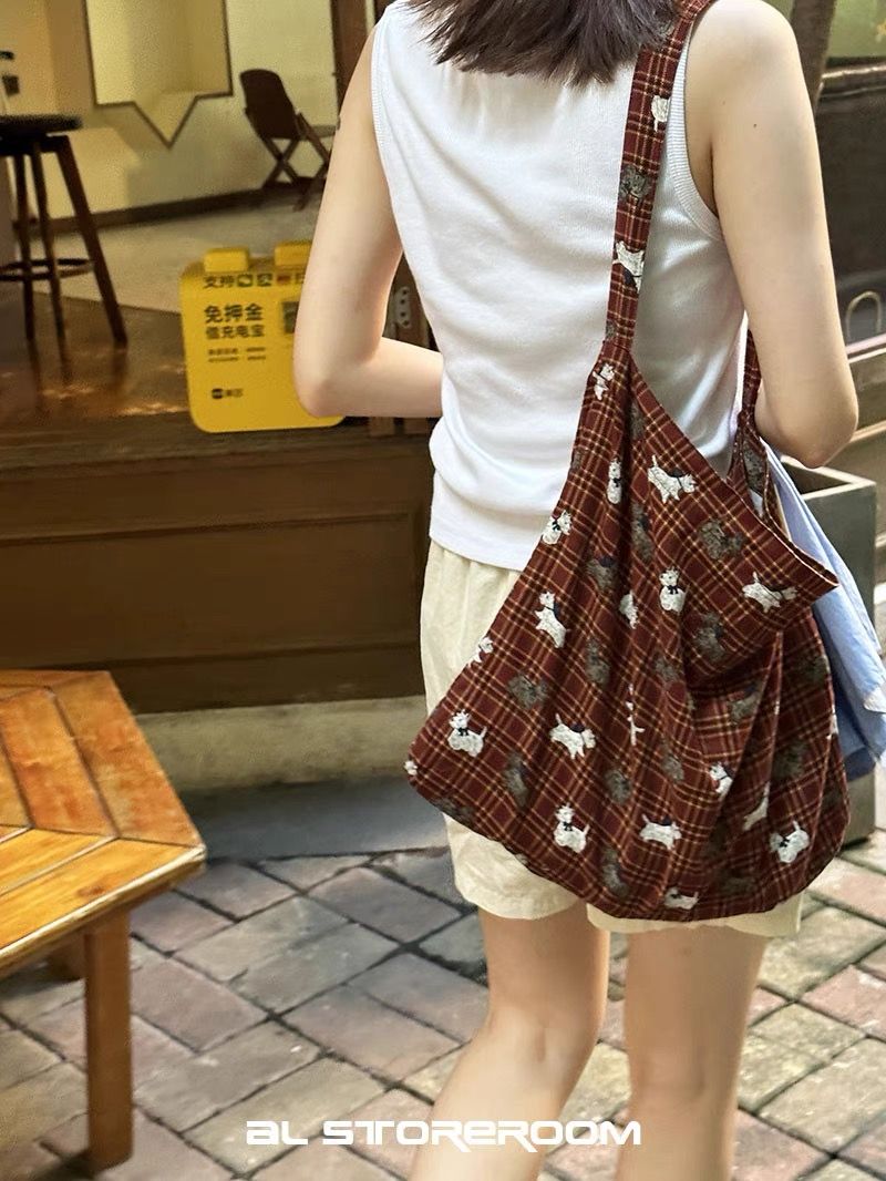 Red Plaid Puppy Corduroy Shoulder Bag Crossbody Bag Cute Autumn and Winter Large Capacity Student Commuting Class Bag
