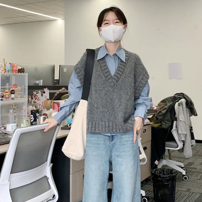 韓系設計感v領灰色背心針織馬甲毛衣藍色長袖襯衫兩件大碼女套裝