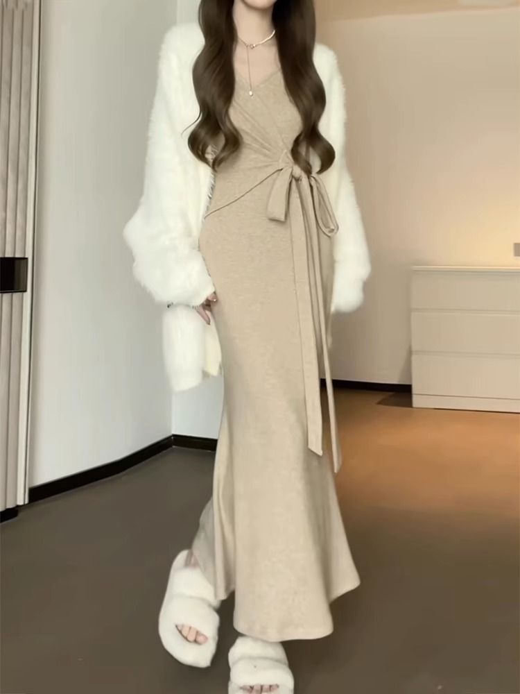 法式不規則交叉綁帶V領打底針織連衣裙女秋冬修身魚尾內搭長裙子