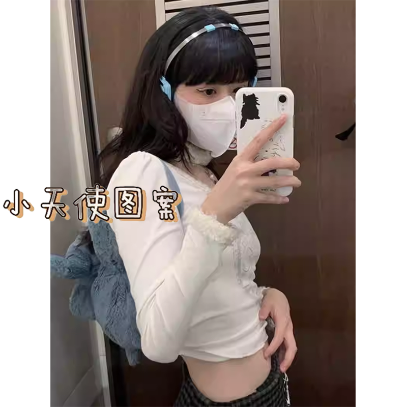 小天使印花長袖T恤修身絨絨新款顯瘦氣質辣妹短款打底上衣ins