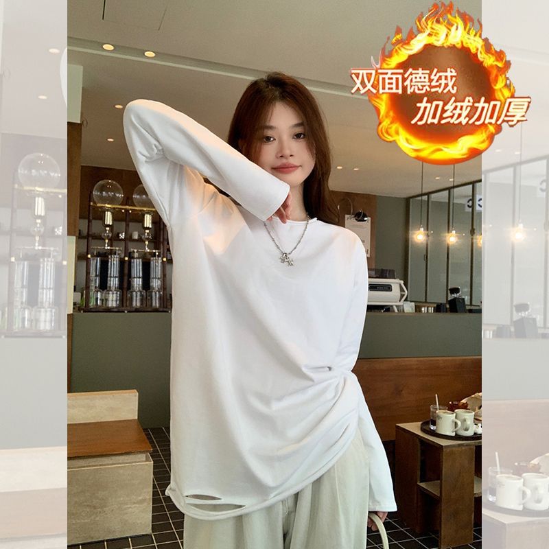 白色加絨破洞打底衫女德絨圓領百搭上衣秋冬季內搭純色長袖t恤潮