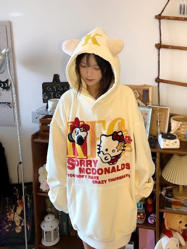 美式復古可愛卡通凱蒂貓連帽衛衣女秋冬季寬鬆加絨外套情侶上衣潮