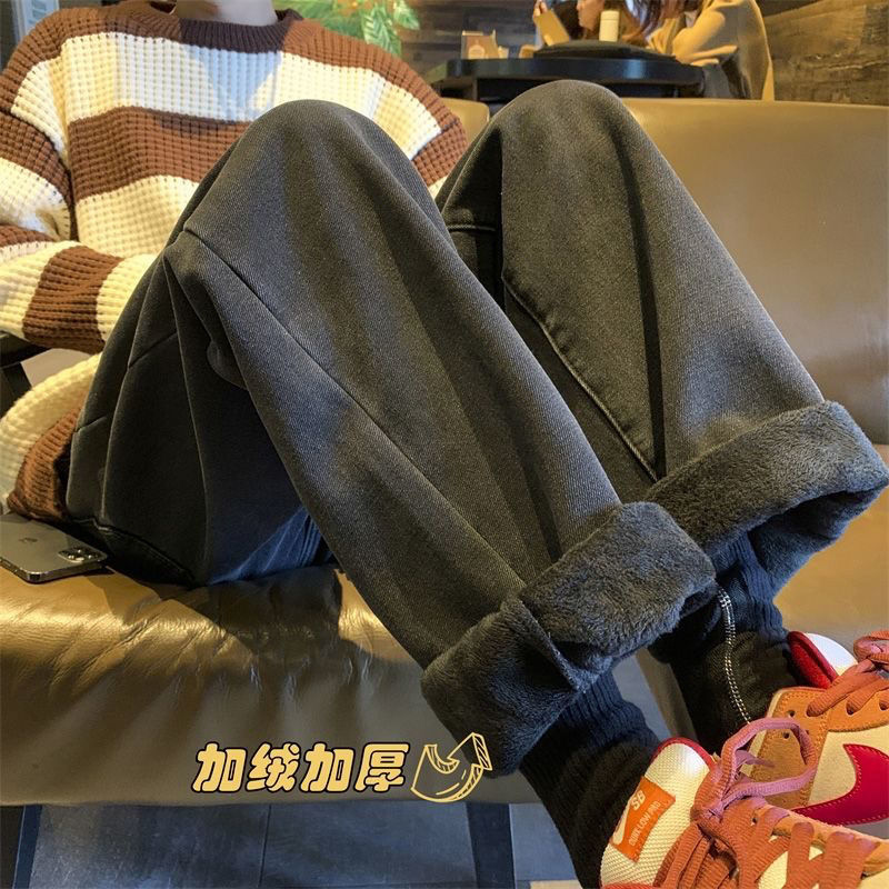 加絨褲子女冬季牛仔褲2023年新款寬鬆闊腿chic加厚顯瘦直筒休閒褲