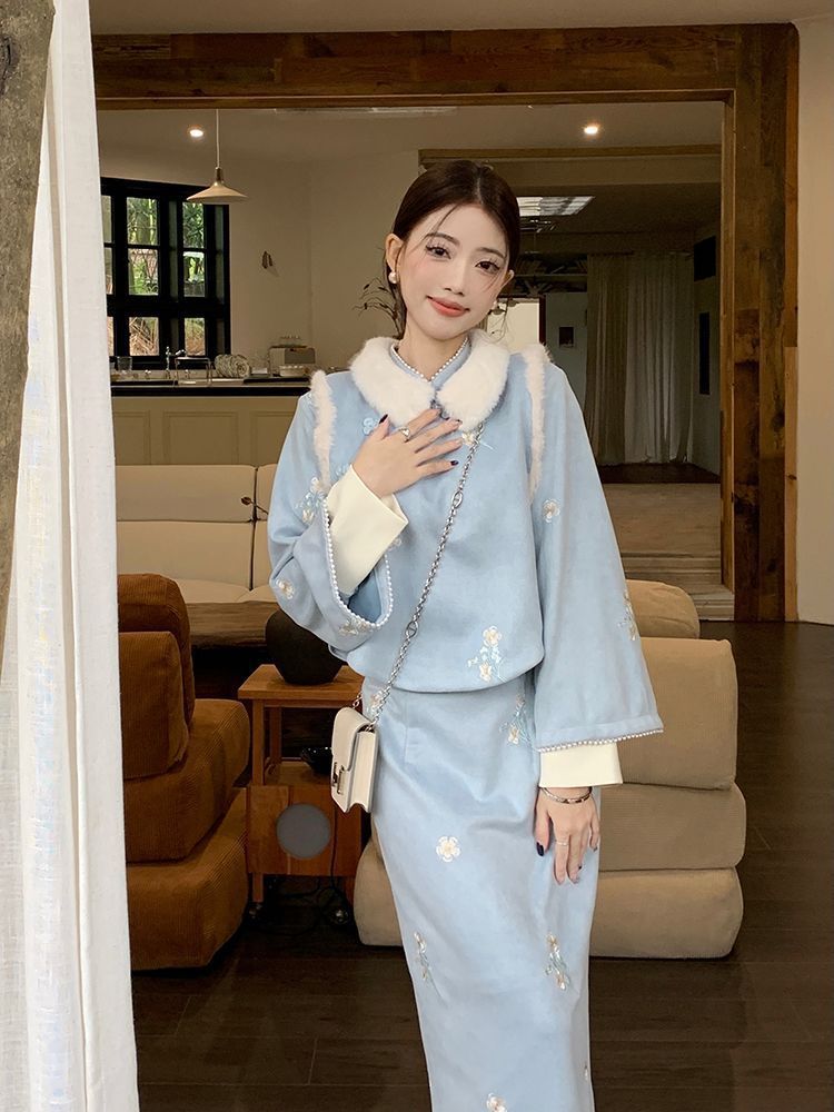 新中式國風旗袍套裝加絨加厚毛領馬甲2023年秋冬季立領連衣裙女冬