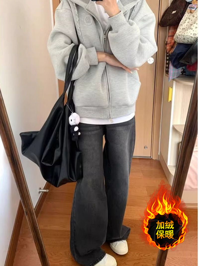 美式黑灰色加絨牛仔褲女秋冬新款高腰寬鬆顯瘦直筒闊腿拖地褲子潮