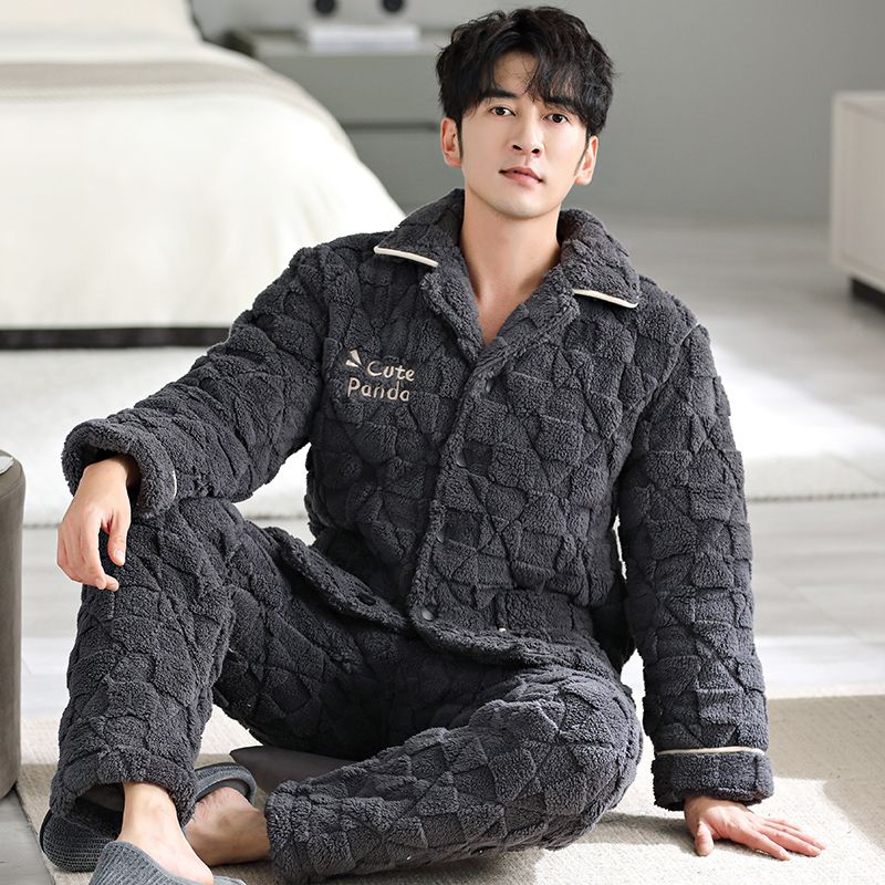 冬季保暖夾棉睡衣男珊瑚絨棉襖寬鬆大碼中年爸爸法蘭絨家居服套裝