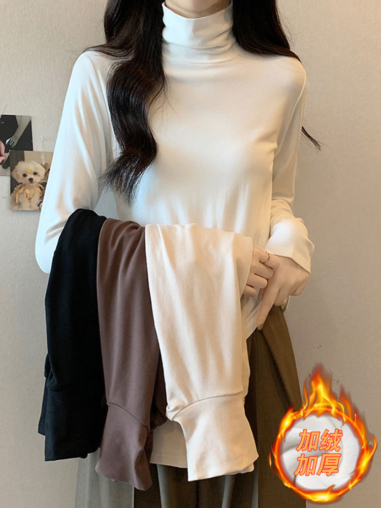 堆堆領高領打底衫2023新款女秋冬加絨加厚大衣內搭保暖衣長袖上衣