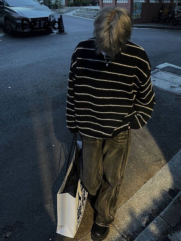 飛拉丹頓2023秋冬小眾設計感黑白條紋寬鬆套頭毛衣男女復古針織衫