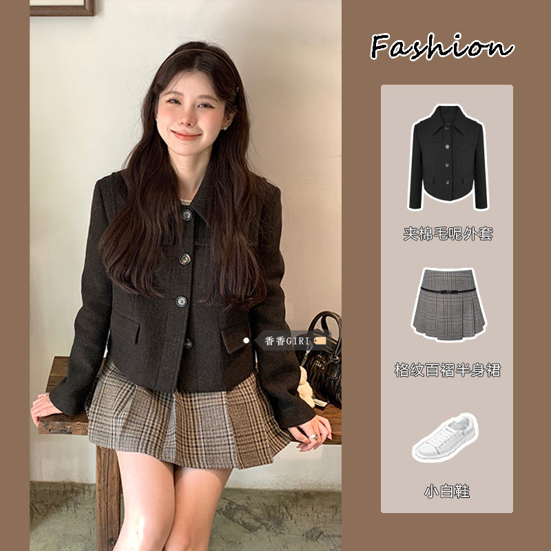 Suit women's autumn and winter small fragrance short quilted warm woolen coat women's high waist plaid pleated skirt