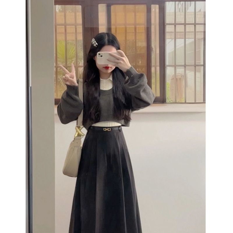 套裝女2024春季新款慵懶風長袖針織衫毛衣內搭背心高腰顯瘦半身裙