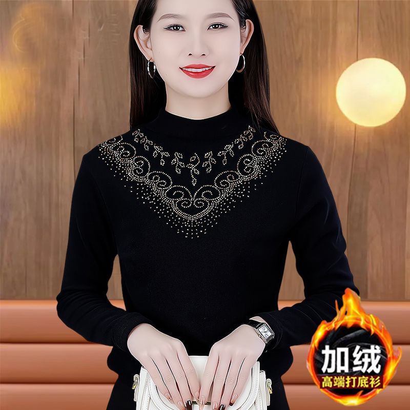 商場專櫃燙鑽針織打底衫女士半高領長袖上衣秋冬新款顯瘦洋氣小衫