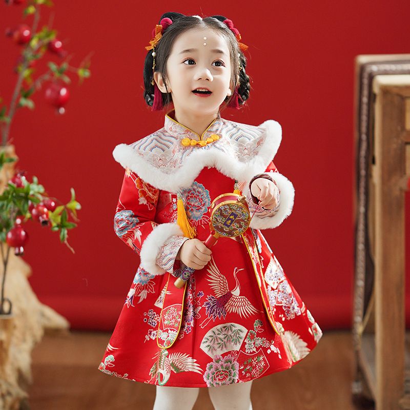 寶寶周歲禮服小女孩秋冬抓周加絨兒童唐裝女童過年冬季拜年服加厚