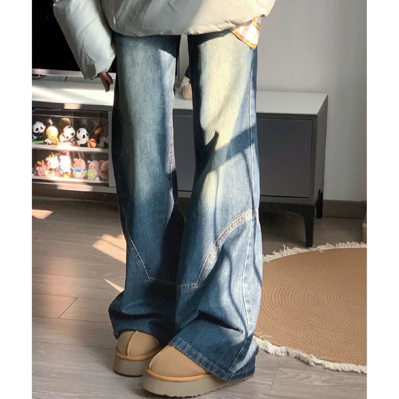 復古做舊不貼腿微喇叭牛仔褲女小個子高腰直筒顯瘦闊腿拖地長褲潮