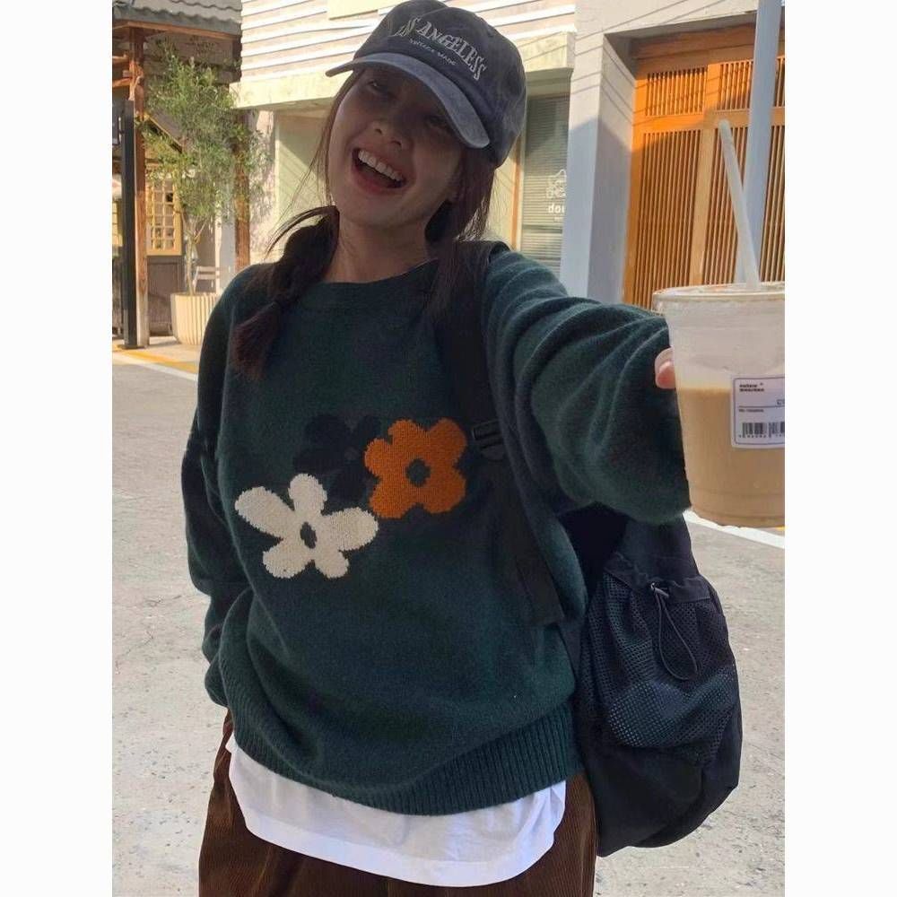 秋冬新款韓版圓領花朵套頭毛衣女寬鬆甜美百搭軟糯針織衫上衣韓系
