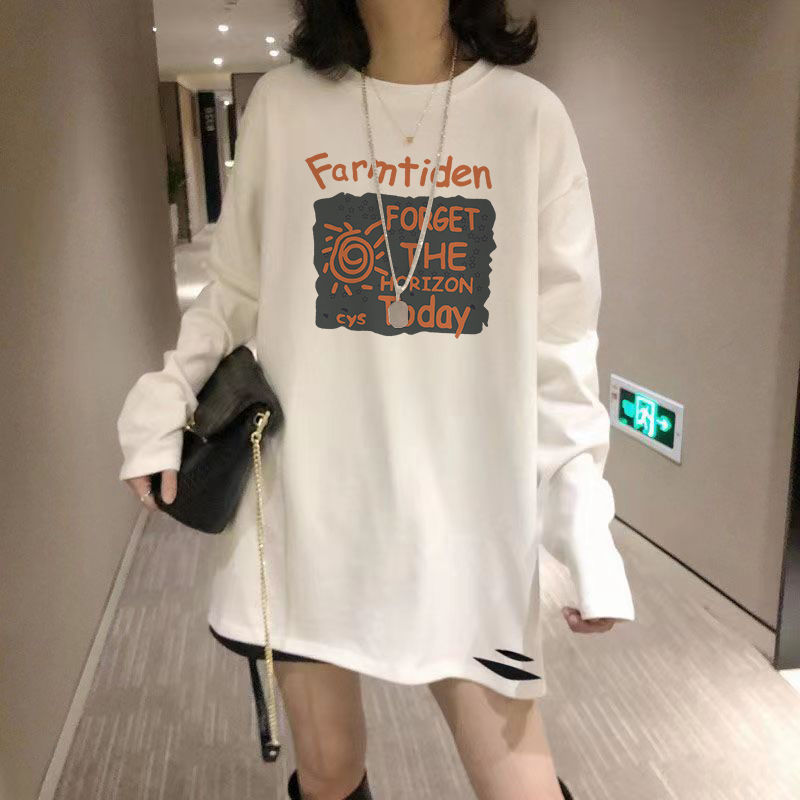 白色加絨打底衫女2023新款秋冬季寬鬆破洞印花長袖t恤女裝上衣服