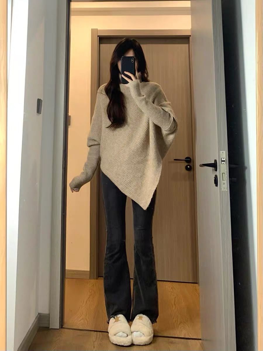 高領不規則小眾設計感毛衣女秋冬韓版寬鬆慵懶風軟糯針織上衣加厚