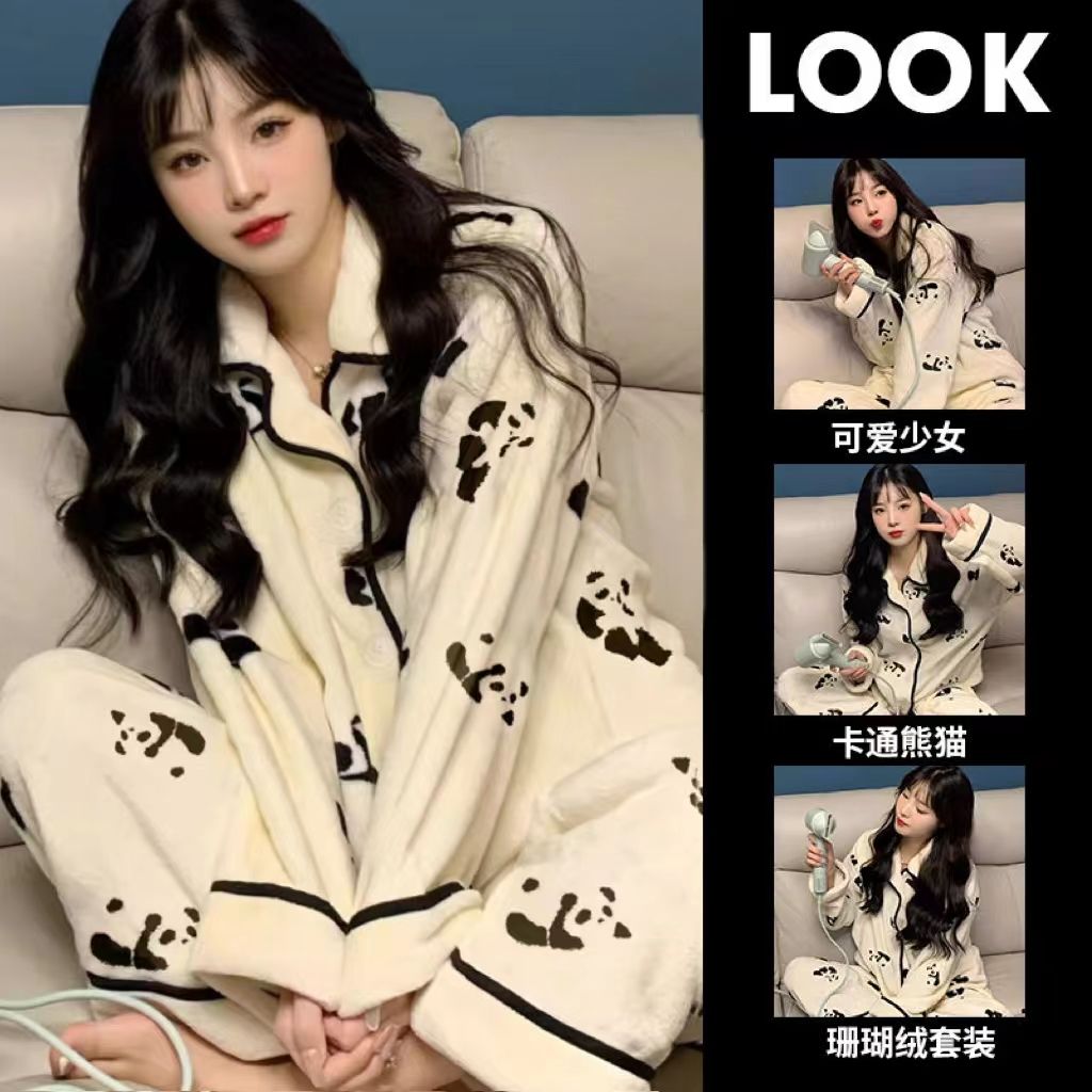 ins小熊貓印花珊瑚絨睡衣女秋冬季長袖套裝高顏值可愛少女家居服