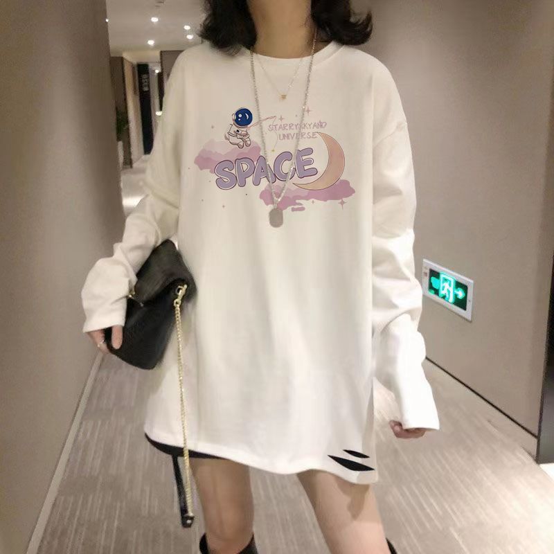 白色打底衫女秋冬內搭印花疊穿加絨中長款洋氣減齡長袖t恤上衣