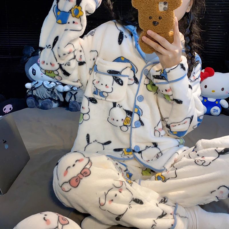 奶fufu睡衣女秋冬季加厚加絨珊瑚絨網紅帕恰狗卡通可愛法蘭絨套裝