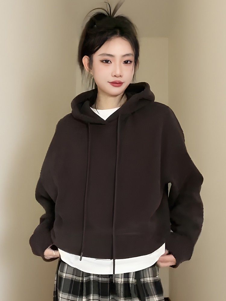 SODAZZZ American short hooded sweatshirt for women autumn and winter casual plus velvet thickened simple versatile long-sleeved top