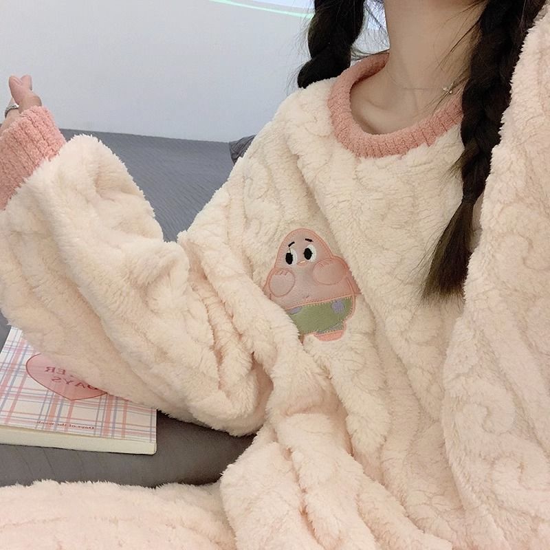 卡通派大星睡衣女冬季珊瑚絨長袖寬鬆加厚絨保暖法蘭絨家居服套裝