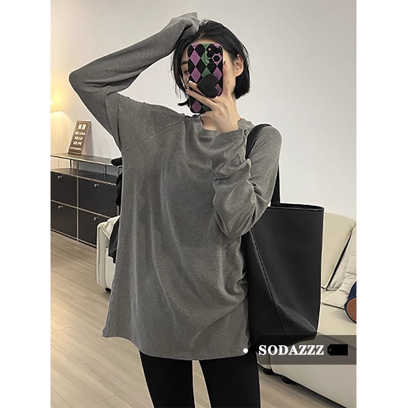 SODAZZZ內搭打底衫女秋冬季韓版柔軟舒適寬鬆顯瘦灰色長袖t恤上衣