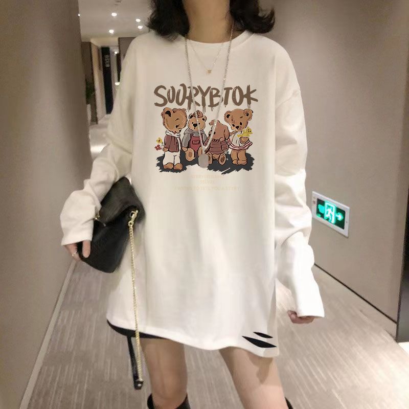 白色女打底衫時髦時尚洋氣印花加絨秋冬高質感寬鬆中長款長袖t恤