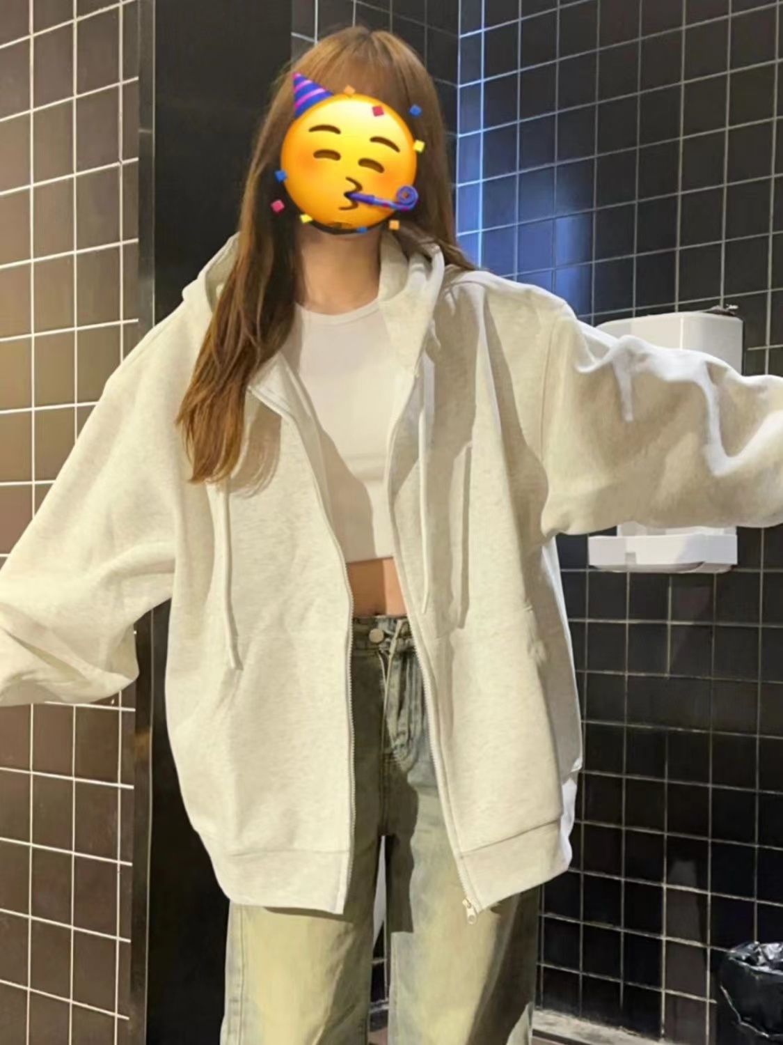 灰白色衛衣女外套春秋薄款oversize美式復古寬鬆慵懶連帽開衫上衣