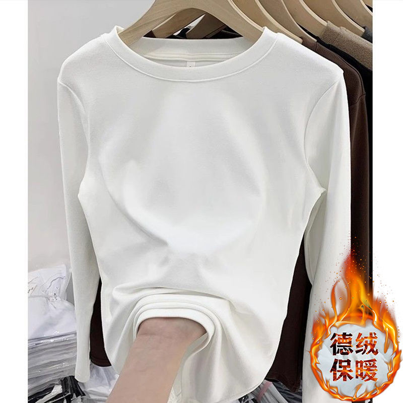 加厚雙面德絨圓領白色打底衫女加絨秋冬磨毛內搭純色寬鬆長袖t恤