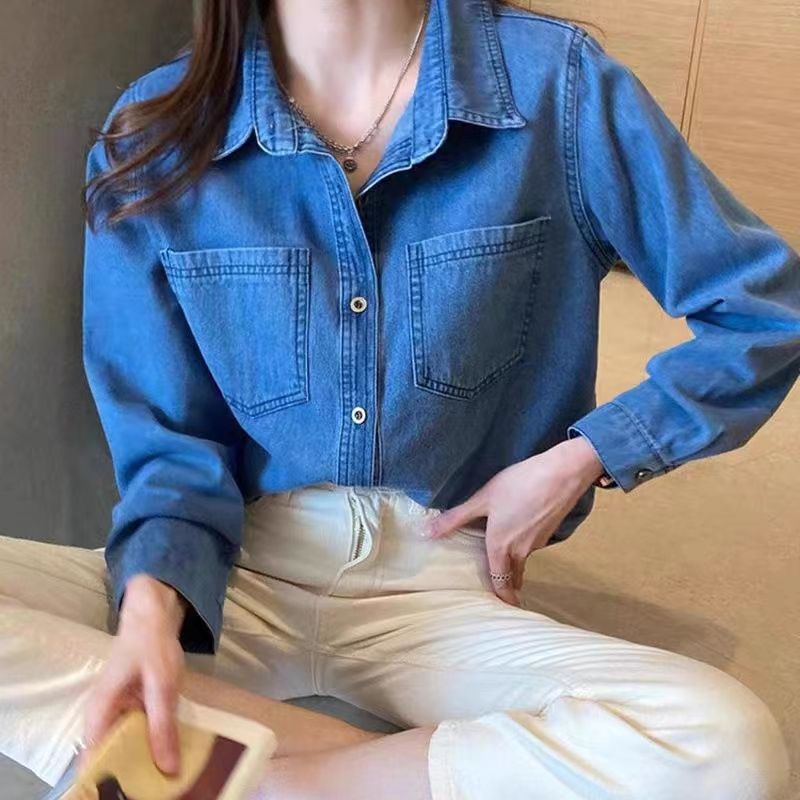 Denim jacket shirt women's new autumn and winter plus size fat girl's inner top versatile loose slimming layered shirt