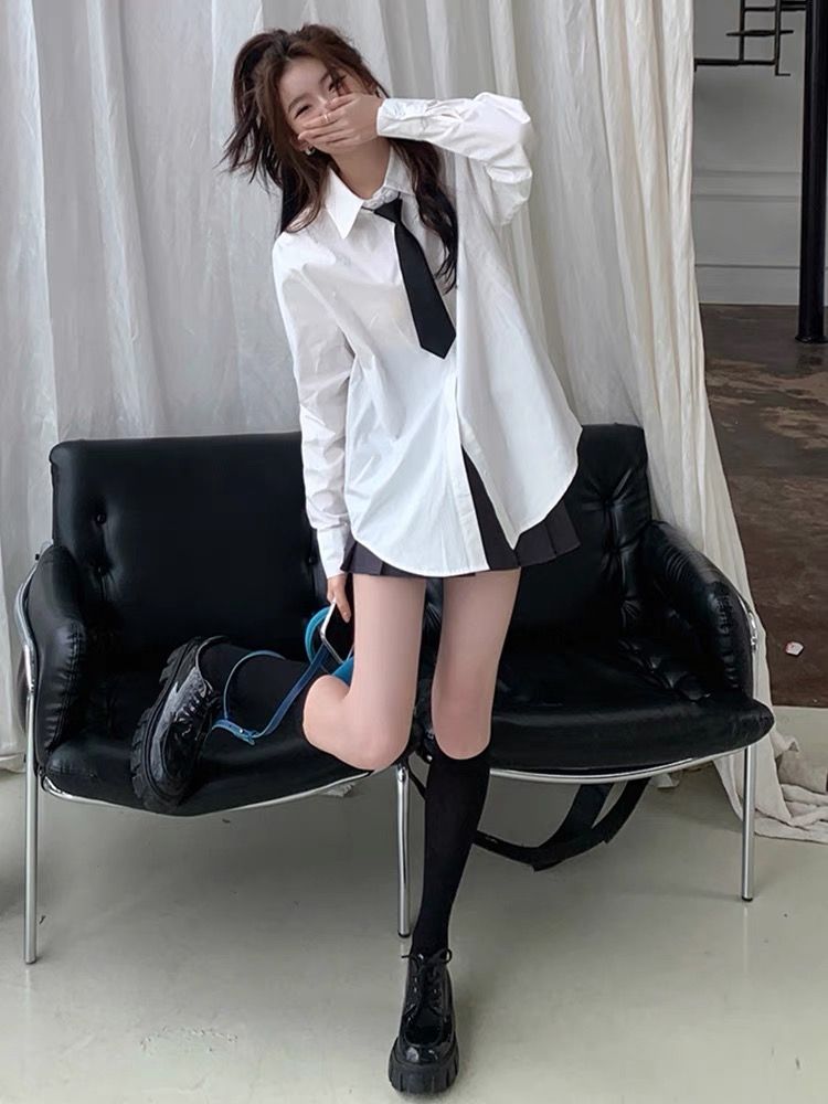 學院風白色襯衫上衣女裝2023秋季新款設計感小眾別致寬鬆顯瘦襯衣