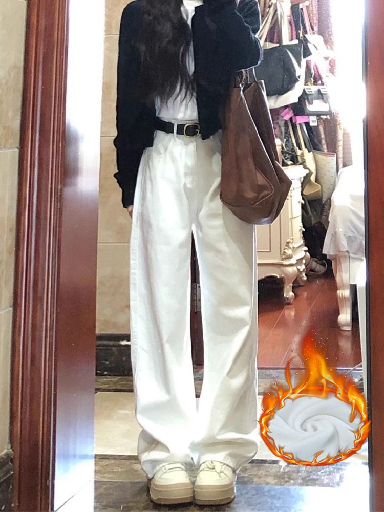 加絨牛仔褲女2023新款冬季外穿白色小個子直筒褲寬鬆顯瘦闊腿長褲